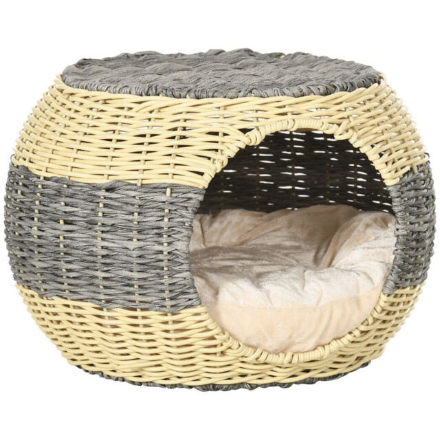Rattan Cat Bed Igloo Basket Velvet Cushion Indoor Pet House Shelter