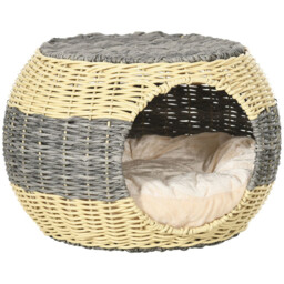 Rattan Cat Bed Igloo Basket Velvet Cushion Indoor Pet House Shelter