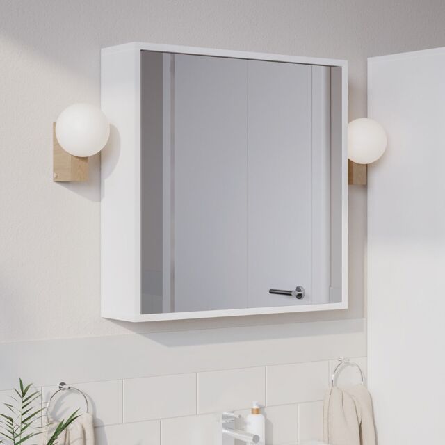 White Wooden Wall Mounted Mirror 2 Door Bathroom Cabinet Storage
