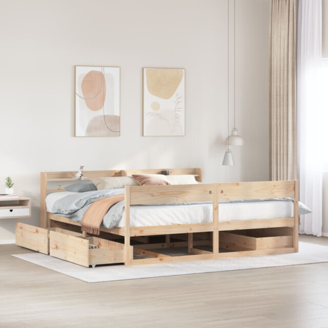 Bed Frame Solid Pinewood Natural 200x200 Cm With 4 Drawers & Shelves