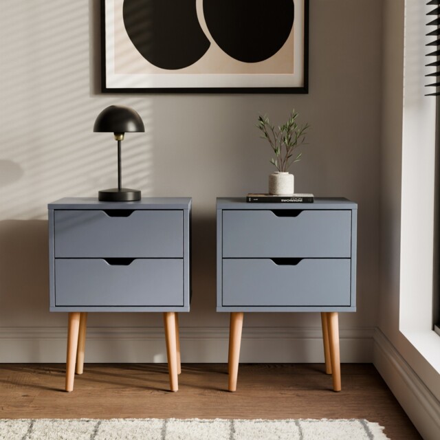 Nyborg Pair Of 2 Drawer Bedside Cabinets Lamp Table Nightstand Grey