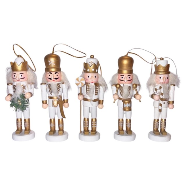Christmas Nutcracker Decorations 5 Pack 13cm White/gold Hanging Or