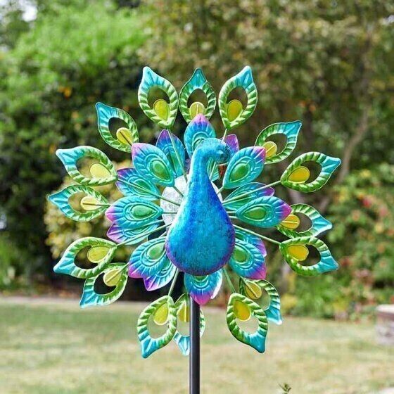 Solar Powered Led Peacock Wind Spinner Metal Garden Ornament
