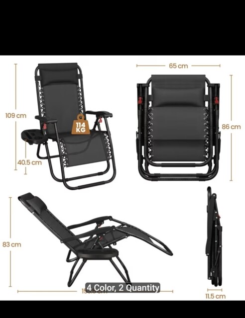 2x Zero Gravity Chair Reclining Sun Lounger Outdoor Garden Folding