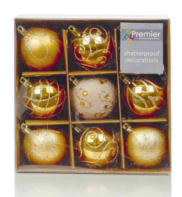 Shatterproof Gold Christmas Baubles 60mm - Pack Of 9
