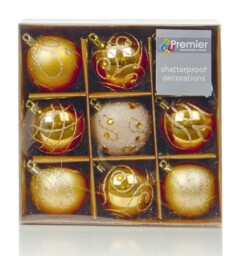 Shatterproof Gold Christmas Baubles 60mm - Pack Of 9