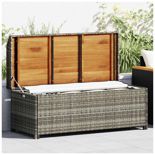 Storage Bench Grey 120x50x50cm Poly Rattan Acacia Wood Top Steel Frame