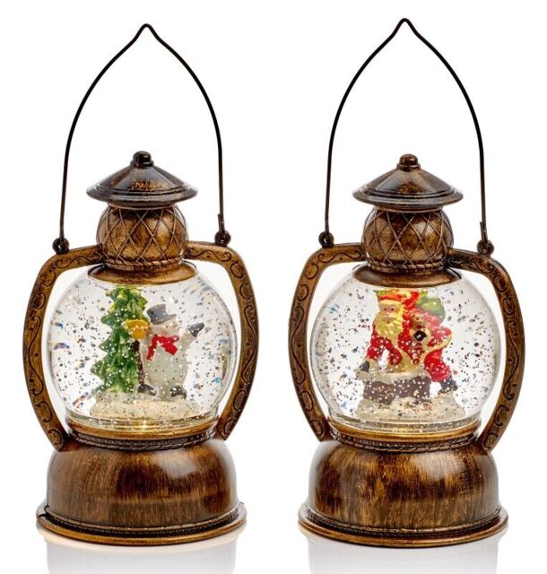 Premier Battery Gold Hurricane Lantern Water Spinner Santa Snowman -