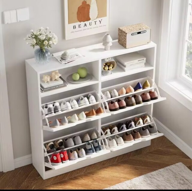 Vowner Shoe Storage Cabinet With 4 Flip Drawers, Shoe Rack, Wood Shoe
