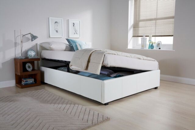 Side Lift Up 5ft King Size Ottoman Bed Faux Leather Storage Bed White