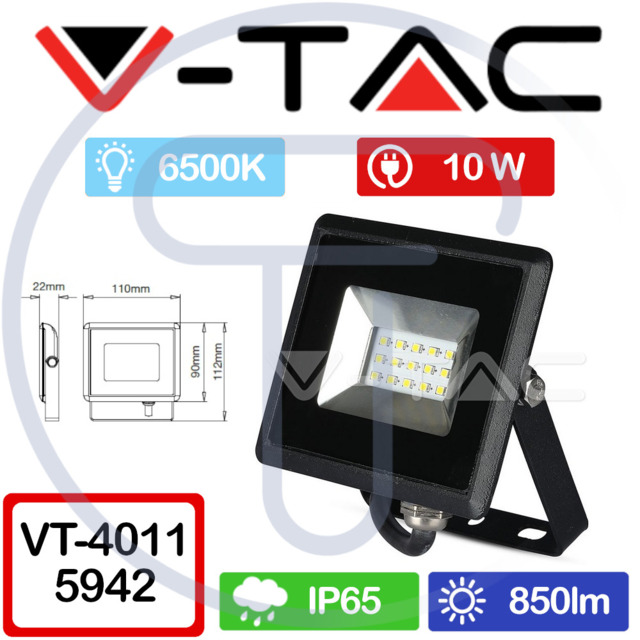V-tac Vt-4011 5942 E-series 10w Smd Led Floodlight Black 6400k Ip65