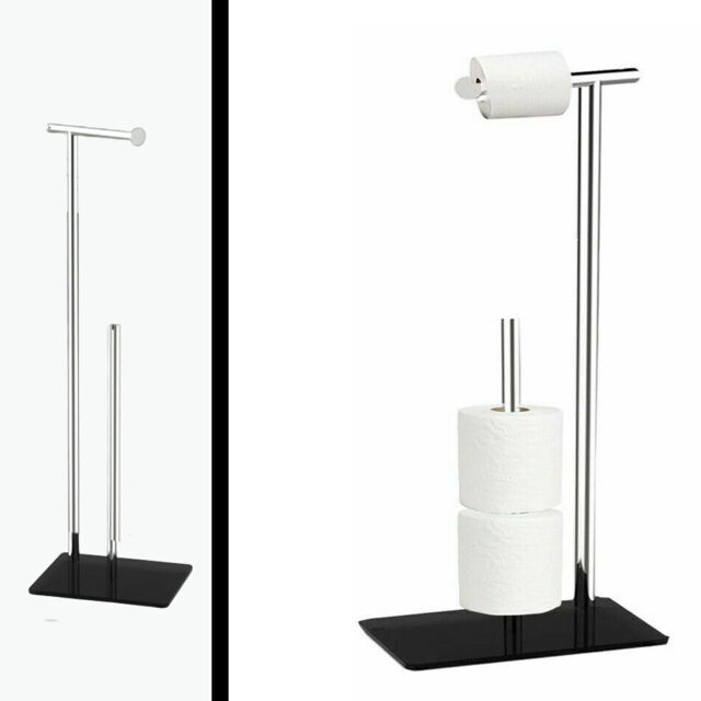Free Standing Toilet Roll Holder Tempered Glass Black Base Bath Chrome