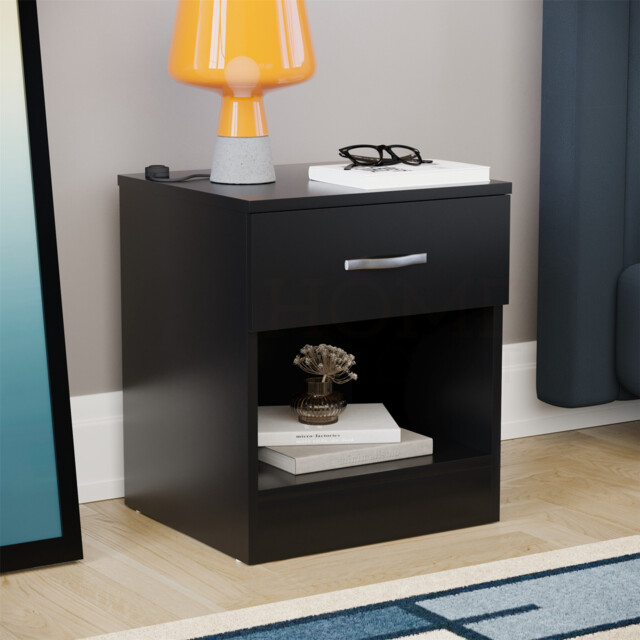 Riano Bedside Cabinet Black 1 Drawer Metal Handles Runners Bedroom