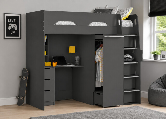 Anthracite Grey High Sleeper Bed + Wardrobe Desk & Drawers Peggy