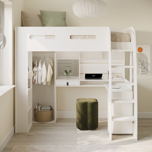 High Sleeper Loft Bed With Desk And Wardrobe In White - Carter Crt002