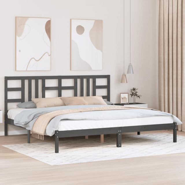 Bed Frame Grey Solid Pine Wood 200x200 Cm Plywood Slats Headboard