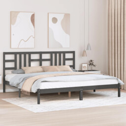Bed Frame Grey Solid Pine Wood 200x200 Cm Plywood Slats Headboard