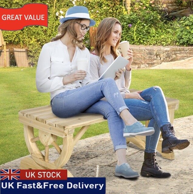Wooden Wheel Bench Rustic Outdoor Patio Garden Seat 2-person Natural