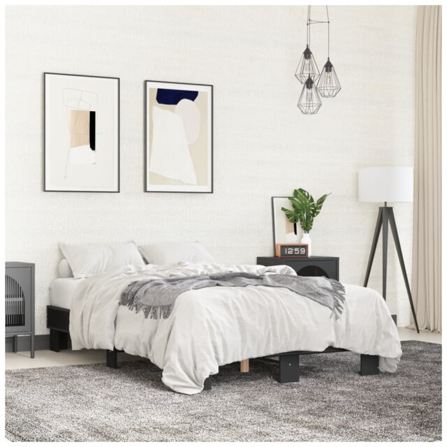 Bed Frame Black 140x200cm Engineered Wood & Metal Plywood Slats Low