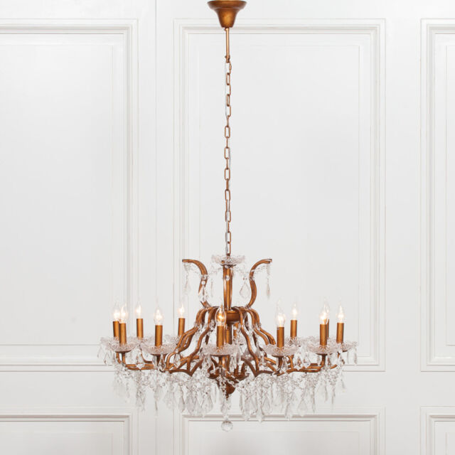 Gold 12 Branch French Style Shallow Cut Glass Chandelier