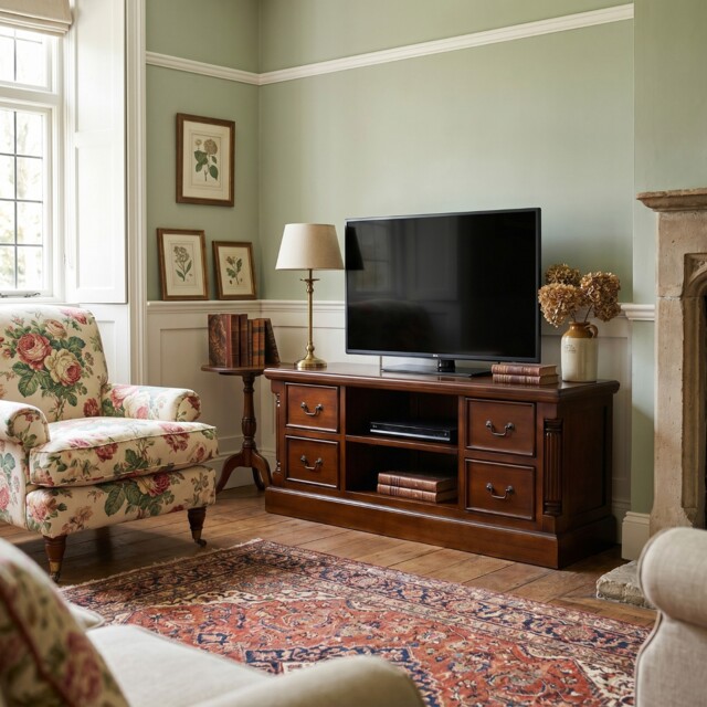 Mahogany Tv Unit With Flutted Columns And Four Drawers - Solid