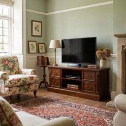 Mahogany Tv Unit With Flutted Columns And Four Drawers - Solid