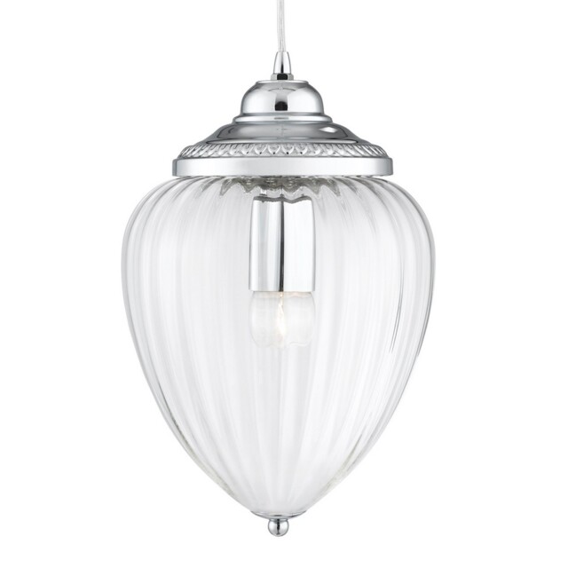 Pendant Light Chrome Metal Ribbed Glass Lantern Shade Ceiling Light