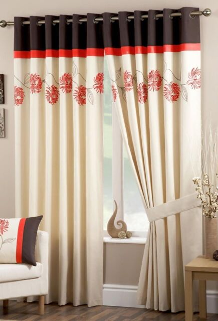 Pandora Spice Curtains Eyelet Lined Ready Made Embroidered Flowers
