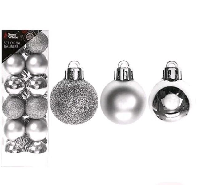 24 Pack 3cm Silver Christmas Tree Ornaments Hanging Baubles Xmas Decor