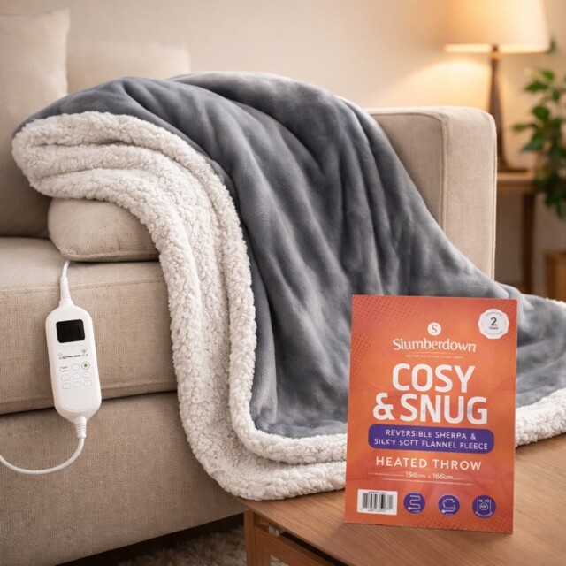 Heated Throw Blanket In Grey Soft Sherpa Fleece Cosy & Snug By