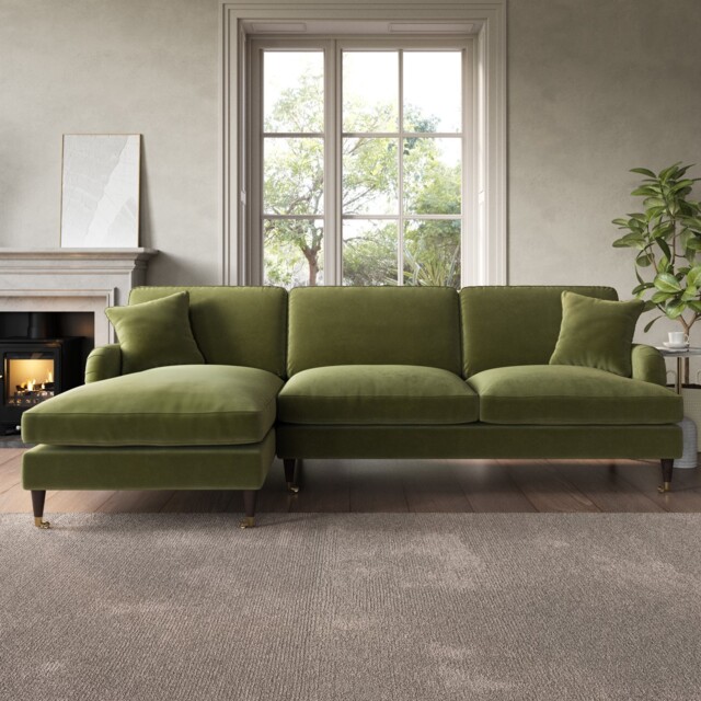 Green Velvet L Shaped Sofa 3 Seater Left Hand Facing Saddle Arms