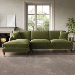 Green Velvet L Shaped Sofa 3 Seater Left Hand Facing Saddle Arms