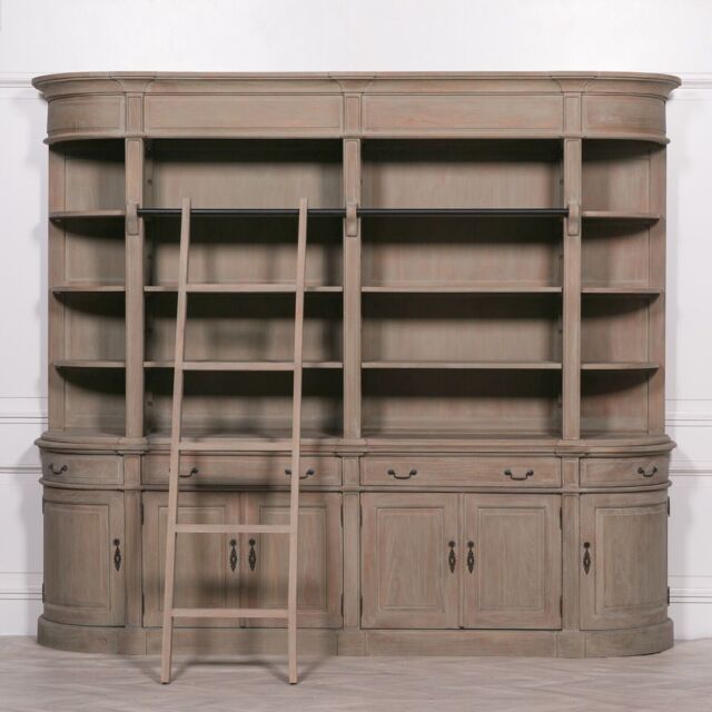 Classical Extra Large Double Bookcase White Cedar Wooden With Ladder