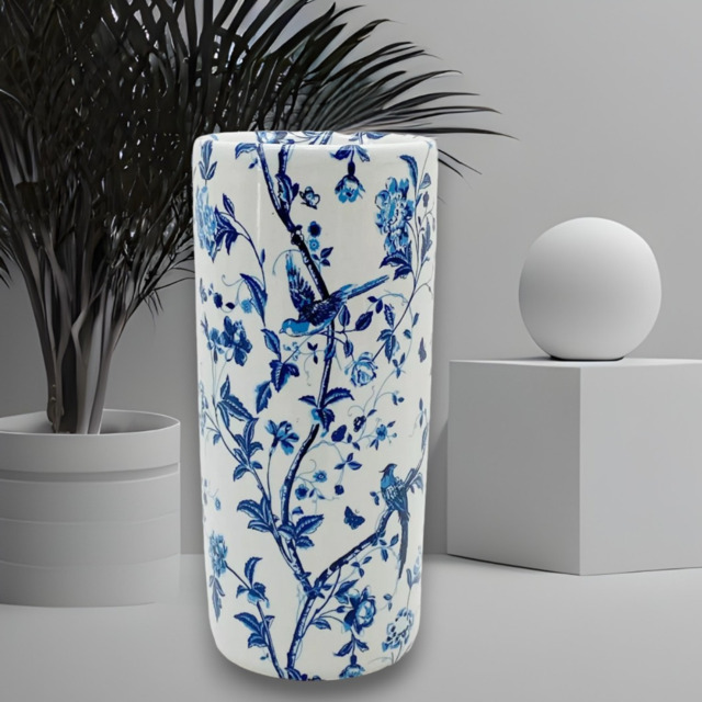 Umbrella Stand Ceramic Round Walking Stick Tall Blue And White Pattern