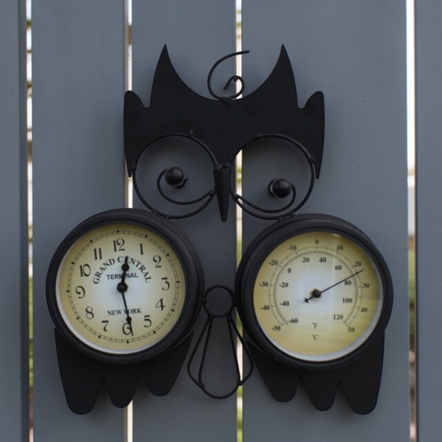 Owl Design Clock With Thermometer In Black Metal, Wall Mounted Indoor