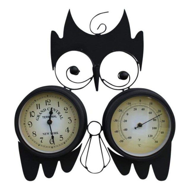 Owl Garden Clock With Thermometer – Black Metal Wall Mount 15cm Faces