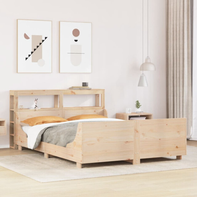 Bed Frame Natural Pine 120x190 Cm Small Double Slatted Headboard Shelf