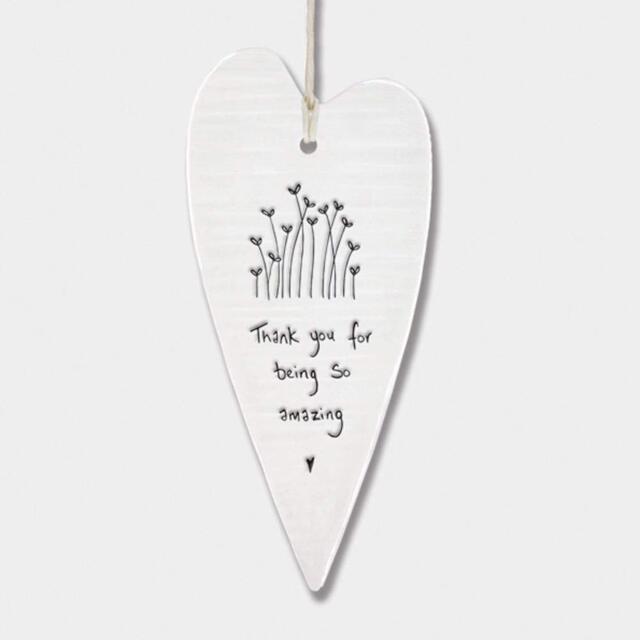 East Of India Wobbly White Porcelain Heart Thank You 6cm X 12cm, You