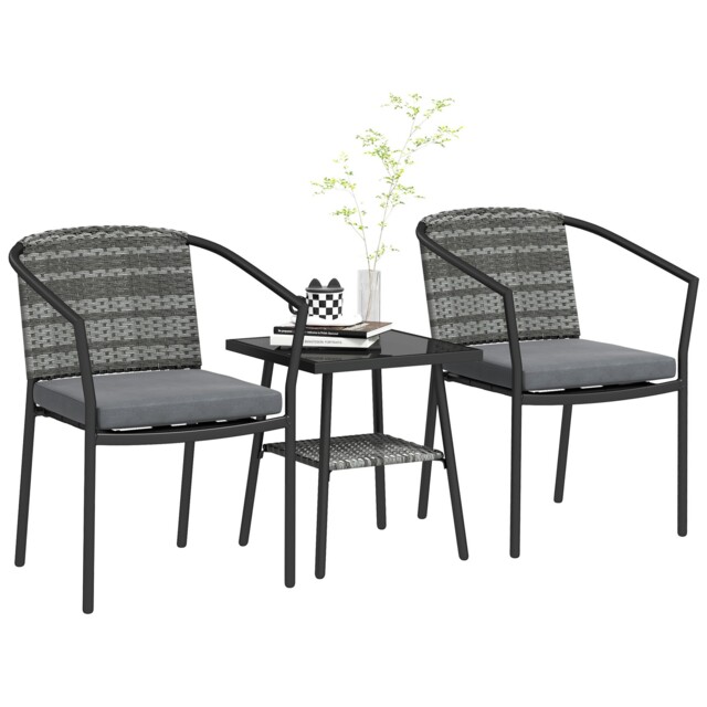 Outsunny 3 Pcs Rattan Bistro Set With Cushions Glass Top Coffee Table