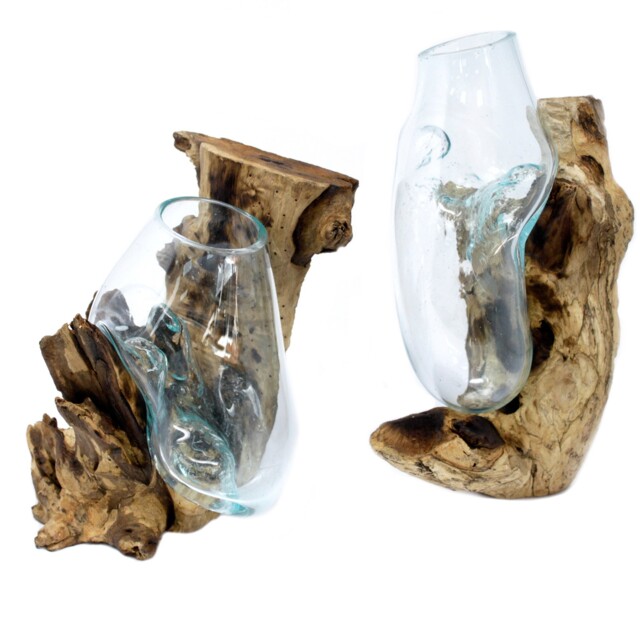 Molten Glass Bowls On Rustic Wood Stand - Melted Vase Plant Jar Tank