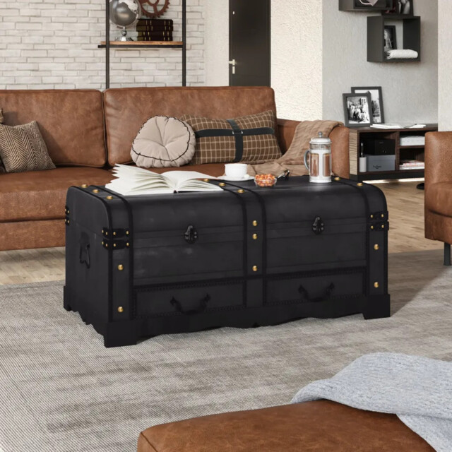 Storage Chest Black Plywood 90x51x42cm Vintage Coffee Table Trunk