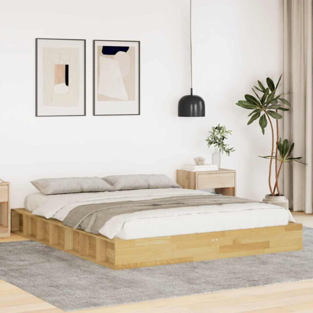 Bed Frame Solid Oak Natural 140x190cm Slatted Base Storage Rustic With