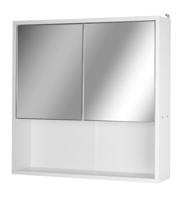 White Wooden Wall Mounted Mirror 2 Half Door Bathroom Cabinet Storage