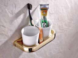 Polished Gold Brass Wall Mounted Bathroom Toothbrush Holder Set Dual