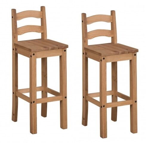Corona Pair Of Bar Stools Tall Chairs Solid Wood Mexican Pine Wooden