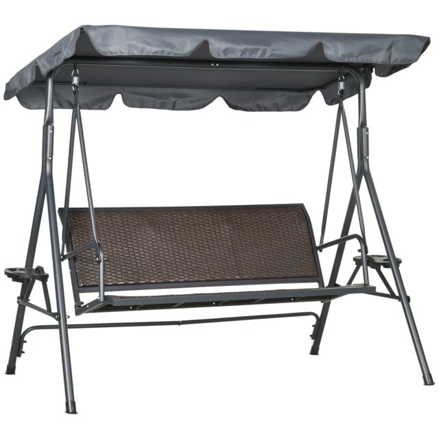 Outsunny 3 Seater Garden Swing Seat Bench W/ Adjustable Canopy, Dark