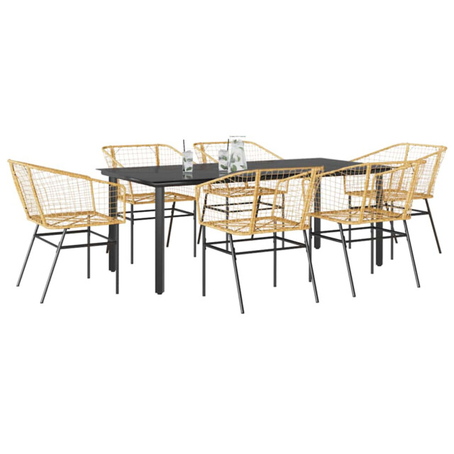 Garden Dining Set 7pc Brown Poly Rattan Powder-coated Steel Glass