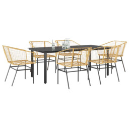 Garden Dining Set 7pc Brown Poly Rattan Powder-coated Steel Glass