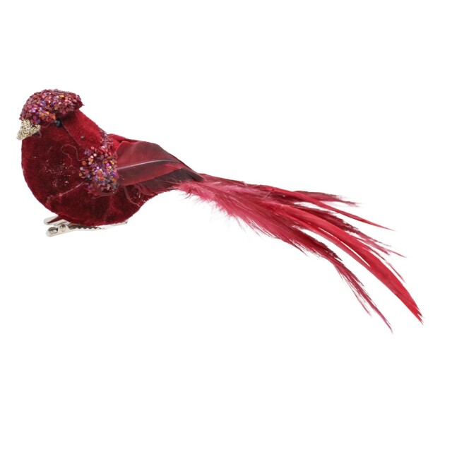 Christmas Clip On Bird Decoration With Feathers And Glitter Burgundy