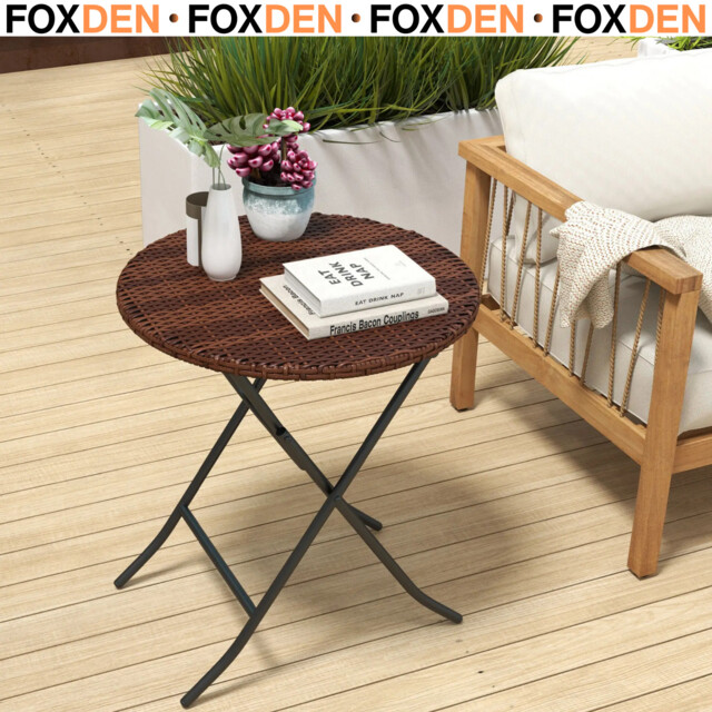 Foldable Pe Rattan Outdoor Coffee Table Metal Frame Wicker Round Side